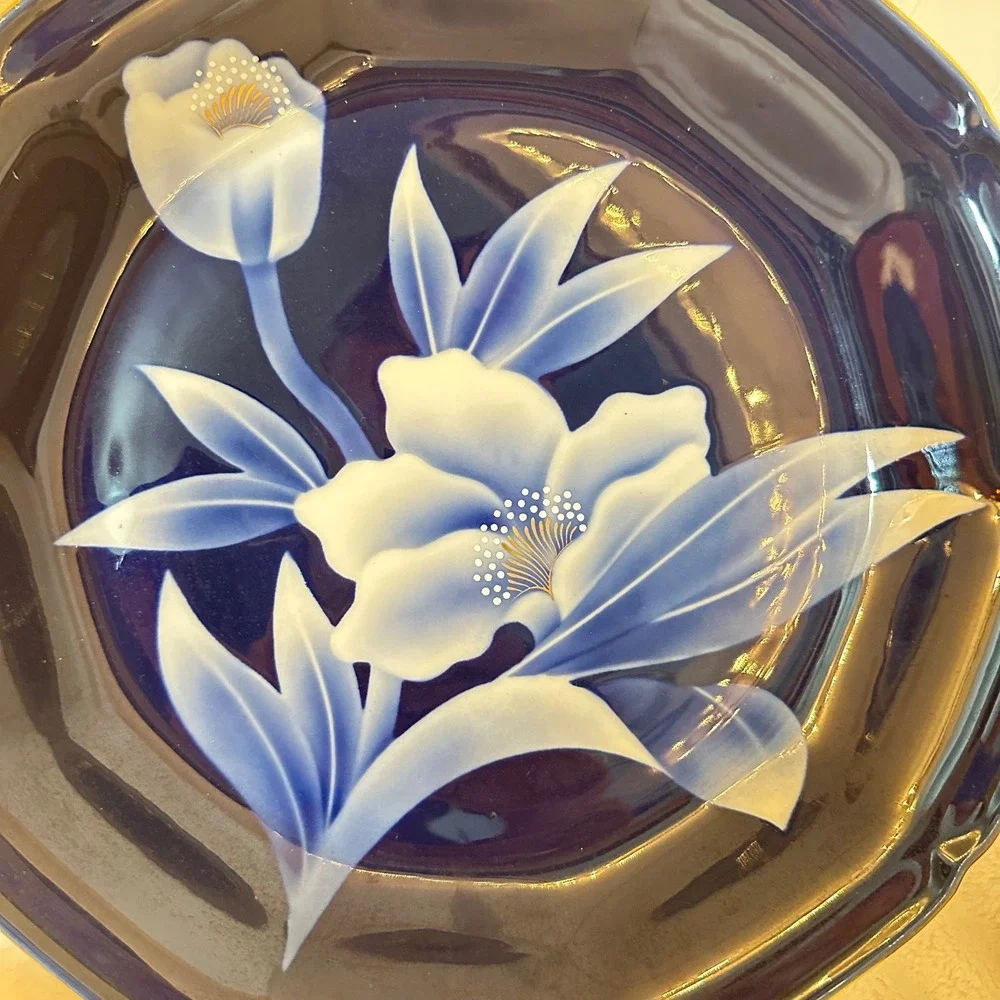 Vintage Japanese Fukagawa 11.5 Platter Bowl Cobalt Blue White Floral Gold Border